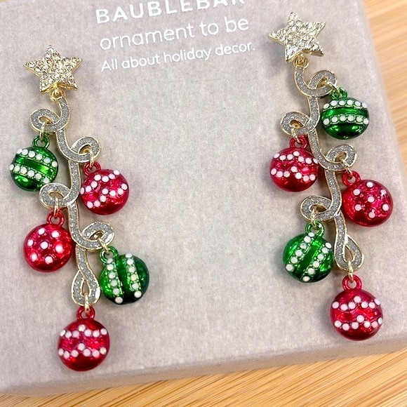 Brand New BaubleBar Christmas Ornaments Tree Stars Red Green Drop Earrings - Picture 7 of 13
